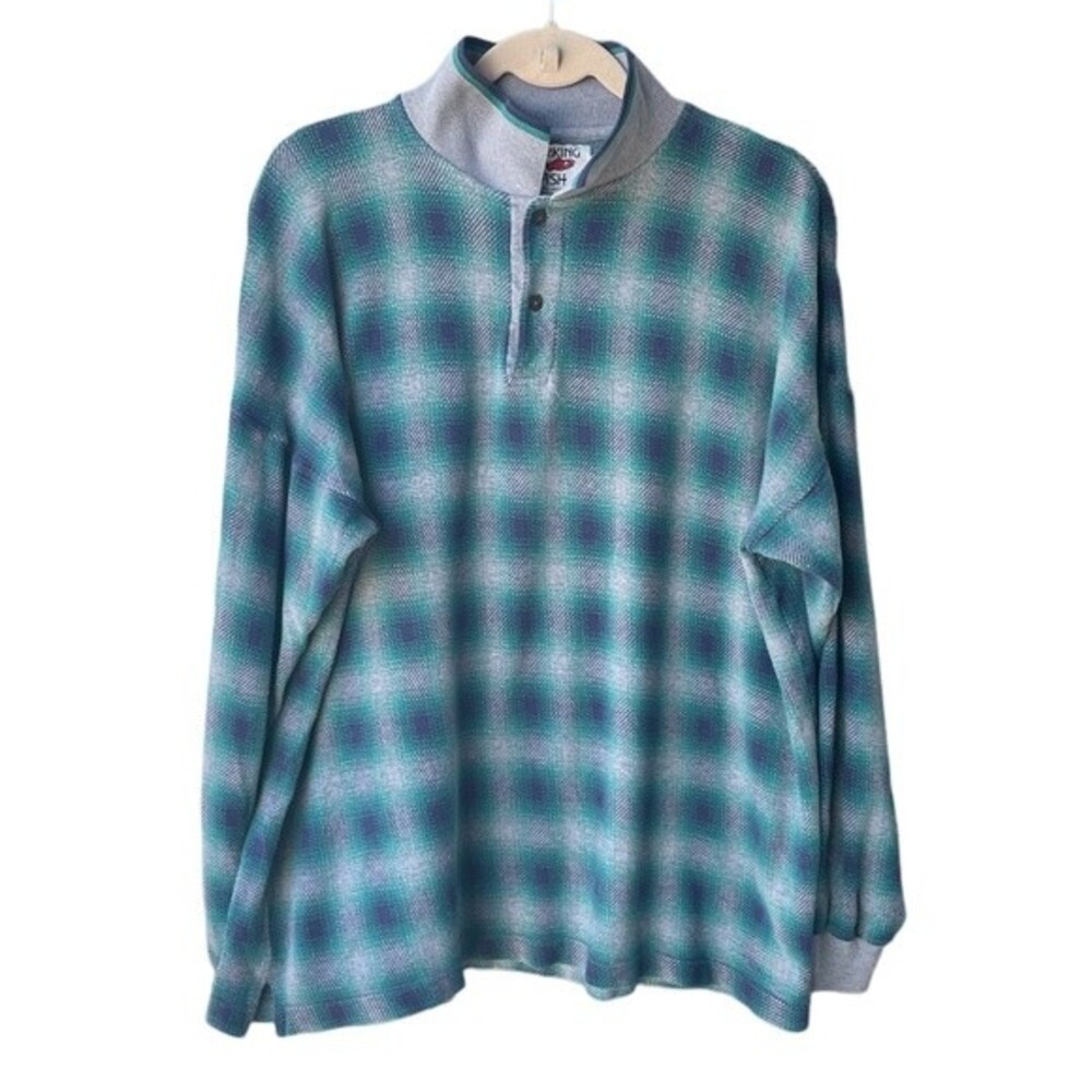 Barking Fish Vintage Blue Green Plaid Collared Polo Sweater Soft